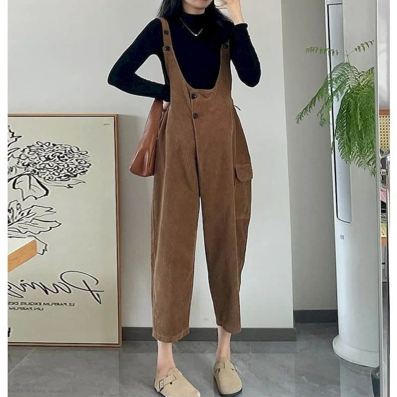 

Corduroy Jumpsuits for Women Solid Workwear Lantern Pants Vintage One Piece Outfit Women Clothes High Street Loose Casual Romper