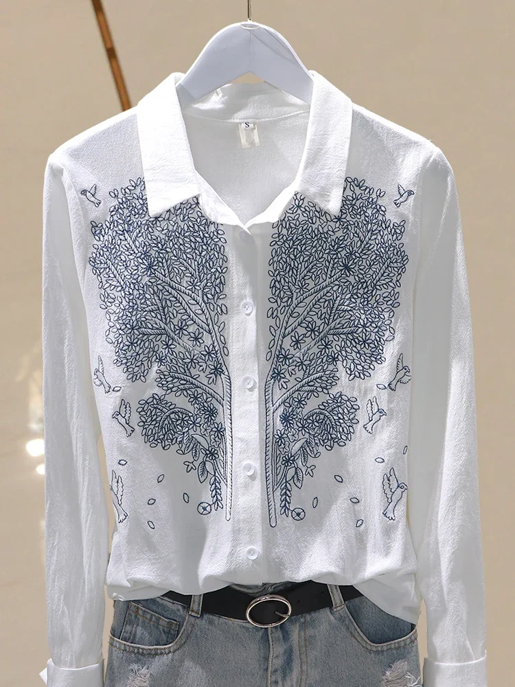 Cotton Flower Embroidery Women Shirts Blouses 2024 Autumn Fashion Long-Sleeved Solid Office Lady Elegant Shirt Top Blue White