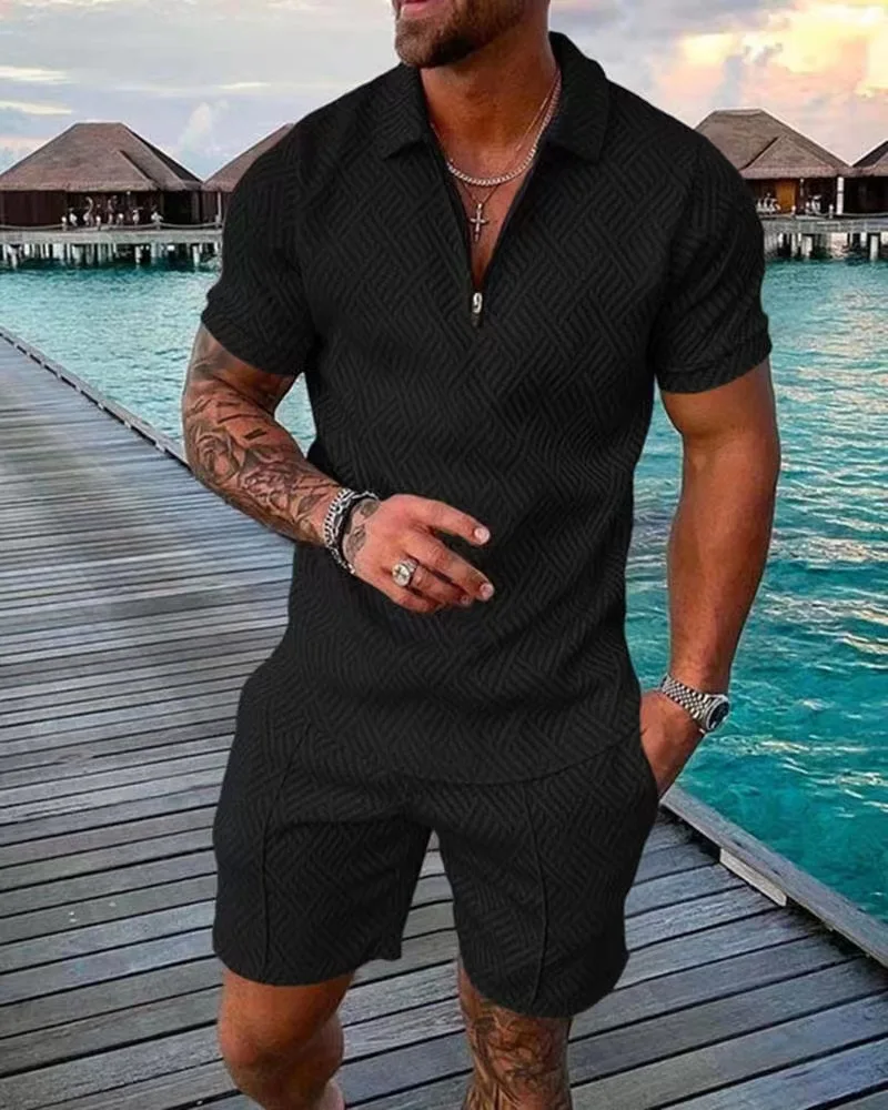 Men\'s Athletic T-Shirt Set Casual Mesh Lapel Short Sleeve Pullover Tops+Shorts 2-Piece Solid Thin Sporty Suits Black 2pcs Sets