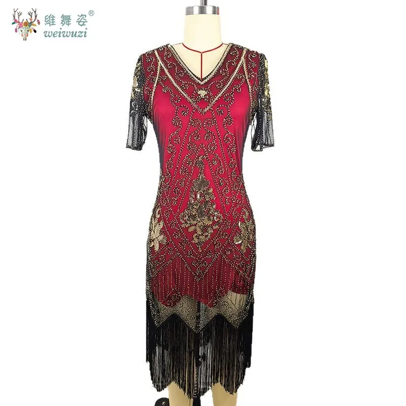 여성 패션 빈티지 플러스 사이즈 S-3XL 컬러 시퀸 풀 태슬 드레스 1920년대 V넥 나비 소매 이브닝 드레스