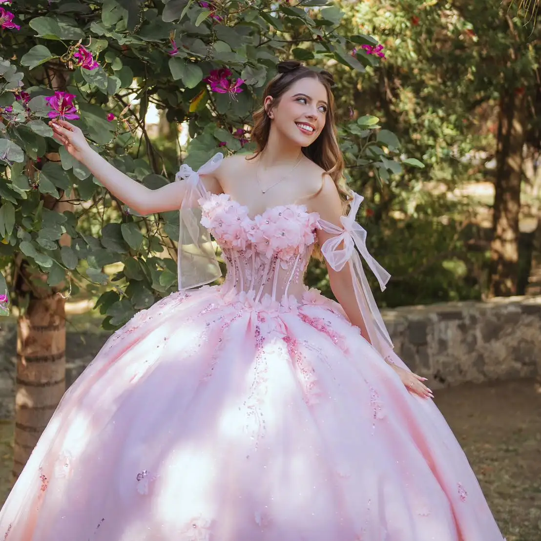 Princess Pink Bloom Puffy Gowns 3D Flower Beaded A-line Long Tulle Eveing Dresses  With Train Garden Bridal Gowns