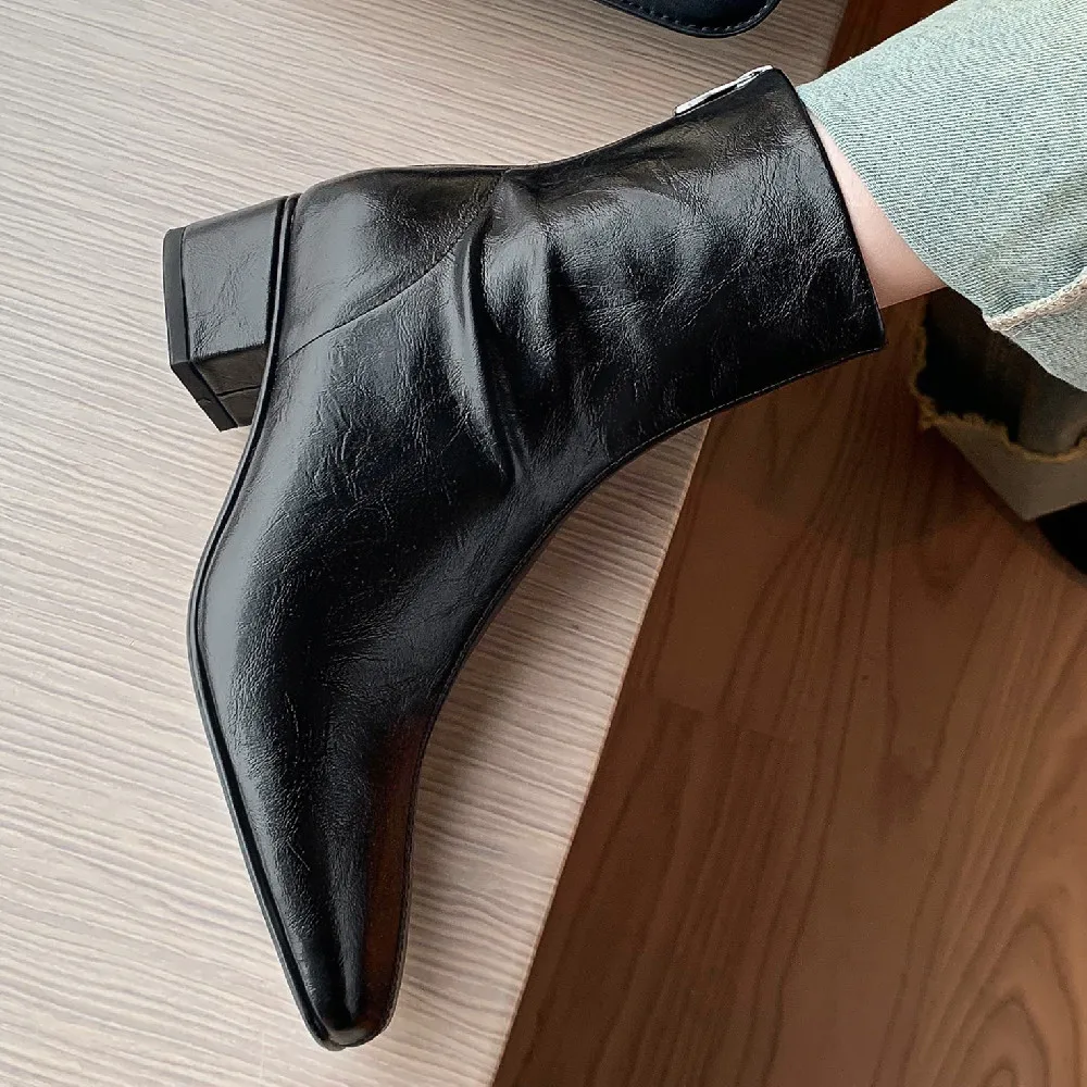 2023 Autumn new woman ankle boots cow leather back zip 4cm thick low heel short booties square toe casual female short booties