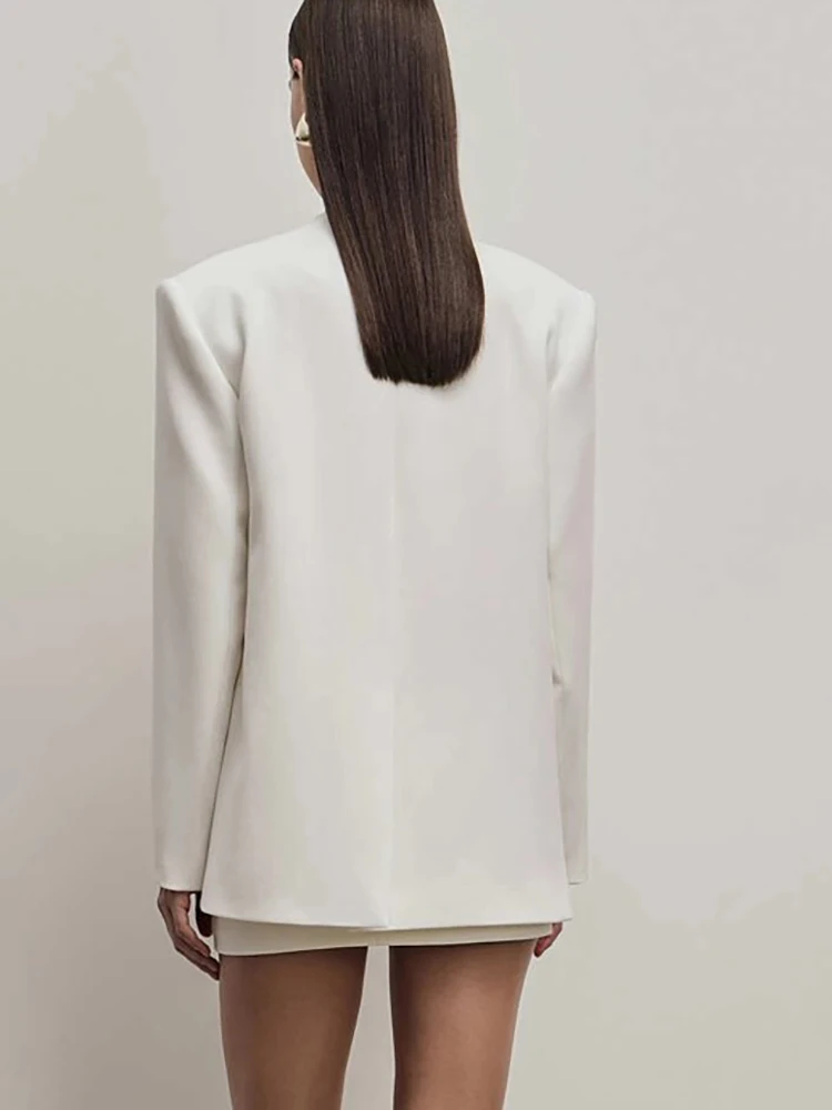 JULISSA MO مثير العميق الخامس الرقبة زر واحد المرأة السترة السوداء طويلة الأكمام منصات الكتف جاكيتات الشتاء فضفاضة أنيقة السترة معطف