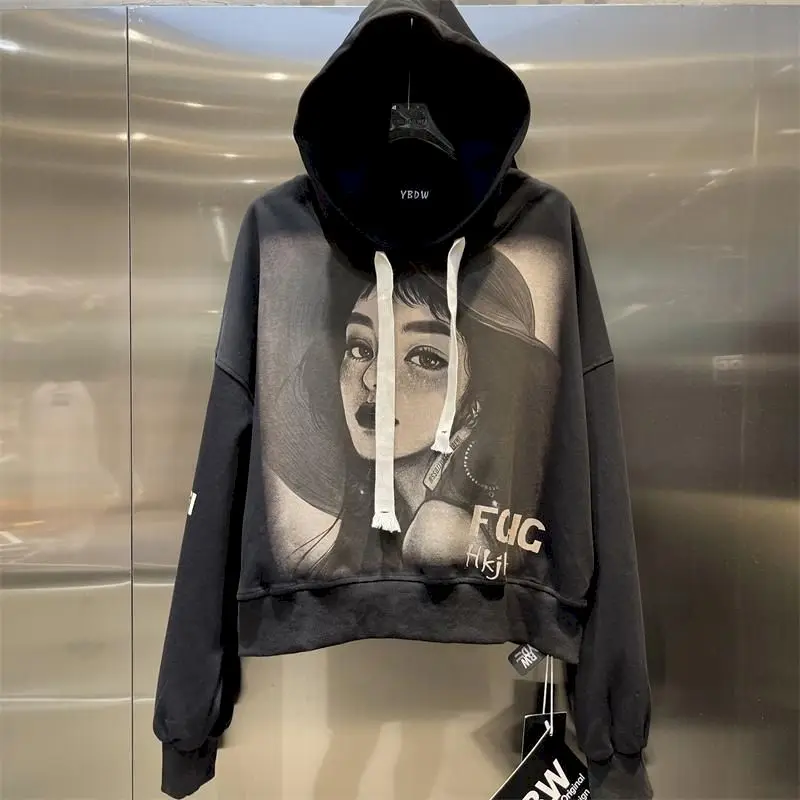 Oversized Hoodies Women Fashion Portrait Sketch Printed Hoodie Casual Loose Pullover Hooded Jackets Spring Autumn Trend Y2k Coat