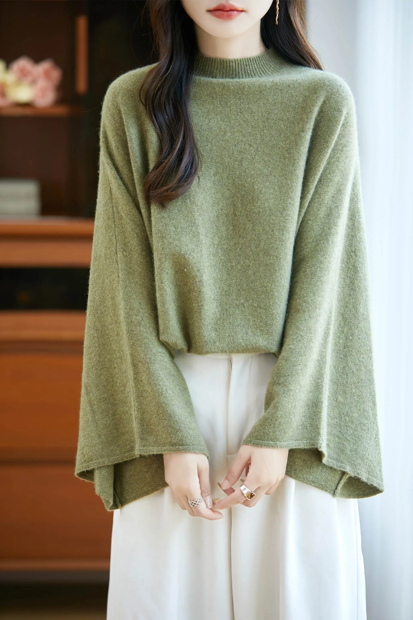 

100% Merino Wool Shawl For Women Soft Solid Cashmere Knitwear Loose Sleeve Shawl Scarf Female Spring Autumn Sweater Grace Tops