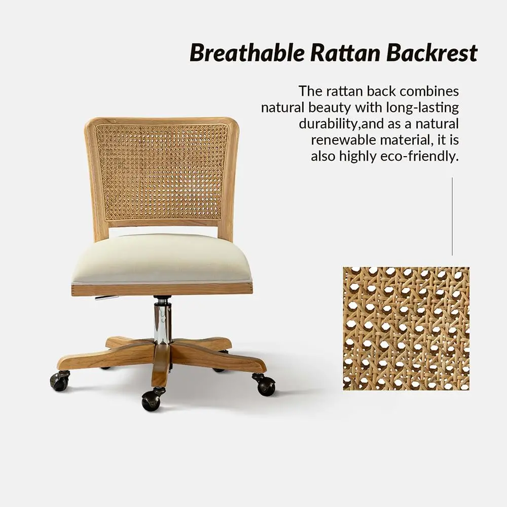 Rattan Office Chair with Wicker Back & Wheels, Beige, Customized