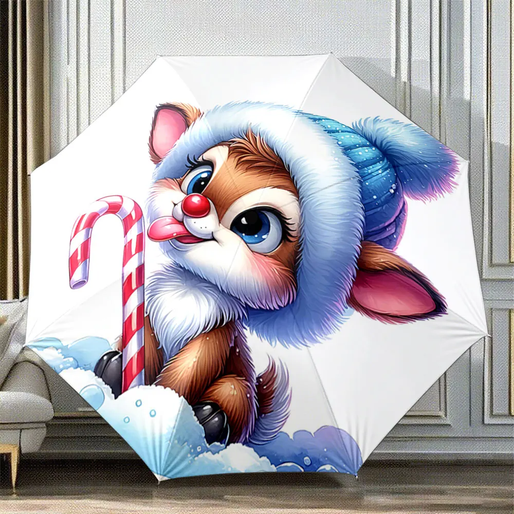 Adorable Reindeer with Candy Cane Winter Umbrella Design portable waterproof sun rain umbrella for outdoor travel beach