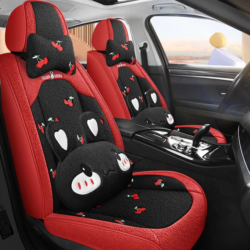 Cartoon Car Seat Cover Set for Women Universal Breathable Plush Universal Chair Cushion Seat Protector Interior Auto Accessories