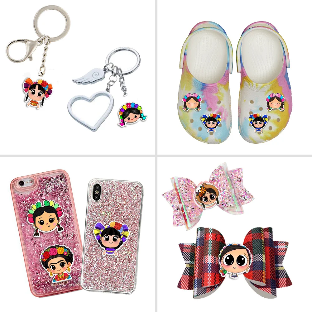 10pcs/lot Mexican Little Girl Resin Planar Transparent Glitter Acrylic Flatback for Charms Keychains Badge Craft Supplies Phone
