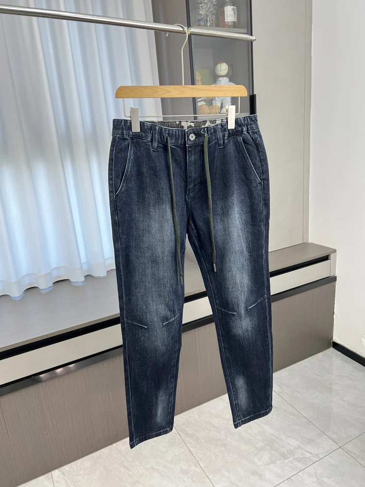 

Men Simple Washed Blue Jeans Spring Autumn Drawstring Elastic Waist Denim Pants American Casual Fashion Straight Leg Trousers
