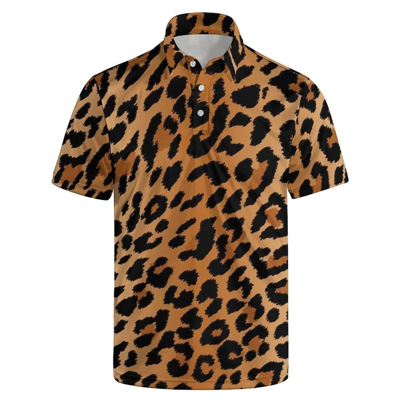 Leopard Cow Texture Graphic Polo Shirt For Men 3d Print Short Sleeve Summer Loose Button Lapel Tees Casual Street T-Shirts