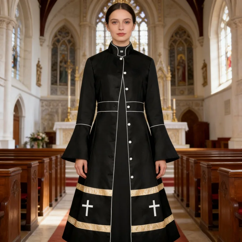 

Female Monk Clergy Priests Cosplay Long Sleeve Stand Neck Church Pastor Robe Dress Fancy Dress Medieval Costume