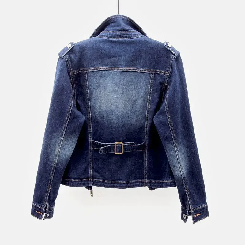 Women Denim Coat Short Coats Zipper Turn Down Collar Elegant Splice Open Stitch Jacket Full Sleeve Casual Jackets Autumn Spring