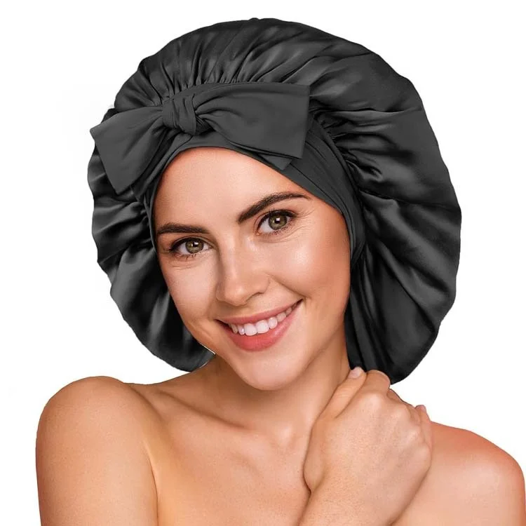 MadBlack, 16MM 100% Real Silk Bow Bonnet, Women Double Layer Sleeping Night Cap, Pure Hair Wrap Elastic Headwrap A63307JF