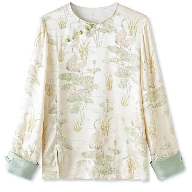 بلوزات جاكار من الحرير الساتان للنساء قمصان فضفاضة بأكمام طويلة مطرزة على الطراز الصيني العتيق بلوزة شيونغسام