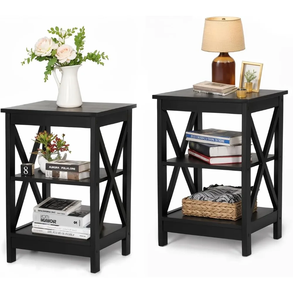 

Black End Tables Living Room Set of 2, Farmhouse Small Side Table 3-Tier Modern Bedside Table Nightstands for Bedroom