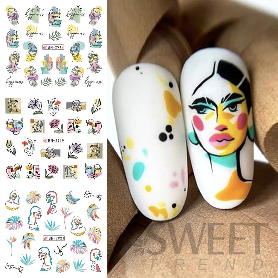 12pcs Cartoon Abstract Figures Nail Stickers Cute Animal Leaf Letter Elegant Water Manicure Decals Slider Kawaii Nail Decoration