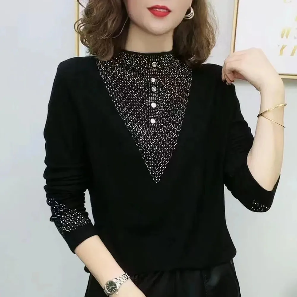 Camiseta con diamantes para mujer, Tops de cuello alto para mujer, Jersey ajustado, blusa, moda de otoño, camisetas femeninas de tendencia 2024