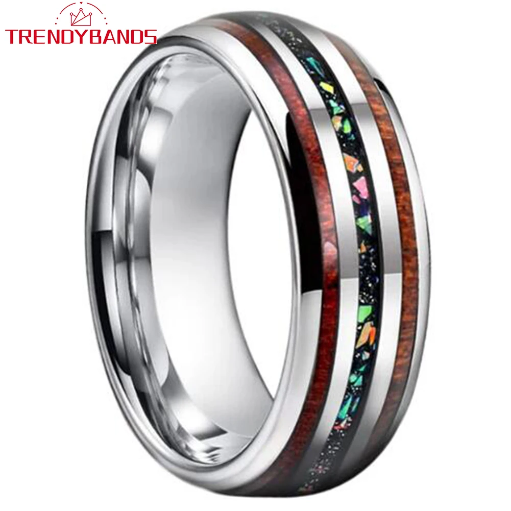 8mm Tungsten Carbide Rings Wedding Band For Men Women Koa Wood Galaxy Opal Inlay Domed Comfort Fit