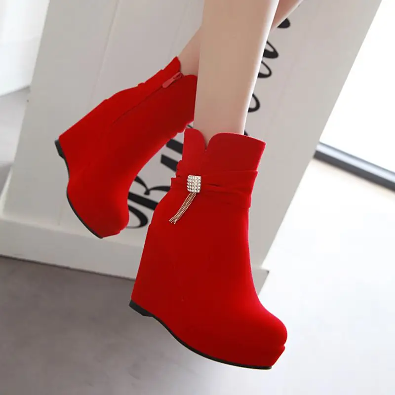 REAVE CAT Sexy Red Women Ankle Boots Round Toe Wedges High Heel 11cm Flock Suede Big Size 42 43 Red Female Booties