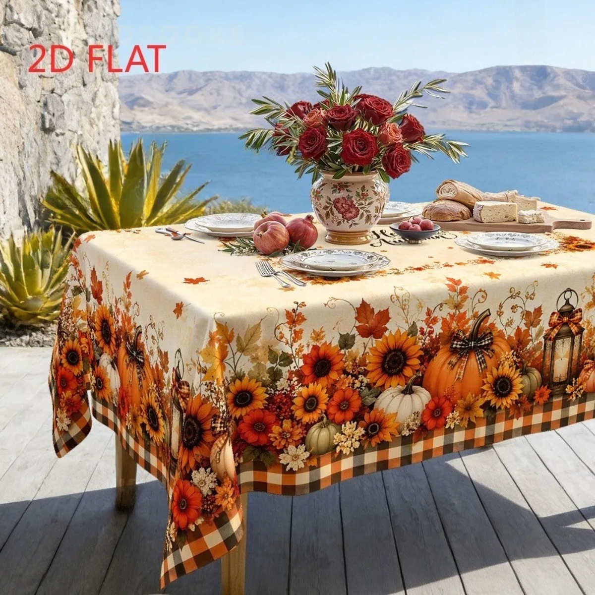 Tablecloth 1 piece 2d flat with a pattern of vintage lanterns featuring polka dots, pumpkins, sunflowers and maple leaves.zyc