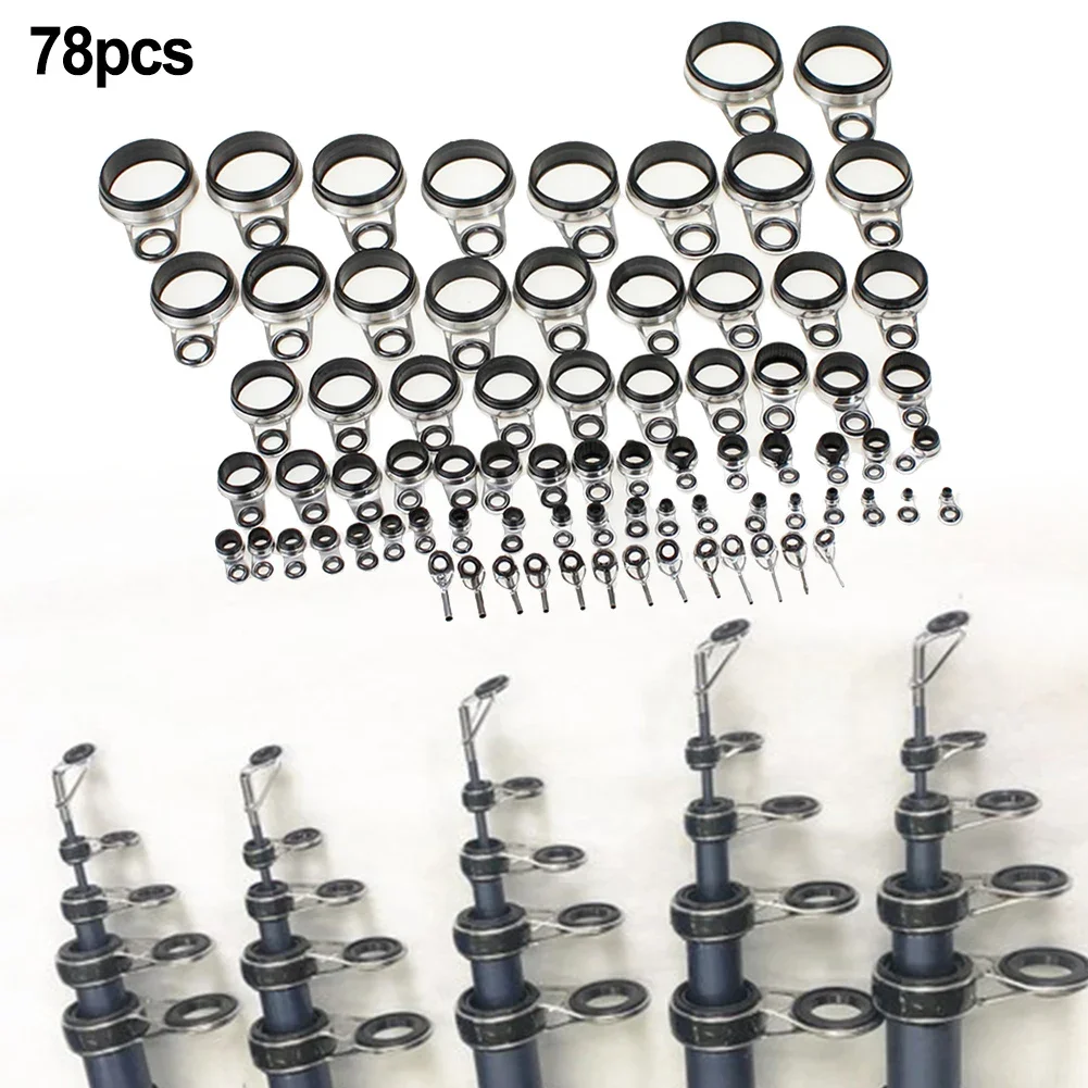 78pcs Fishing Rod Guide Ring Set for Telescopic For Rock Fishing Rod DIY Repair Stainless Steel with Ceramic Inner Rings