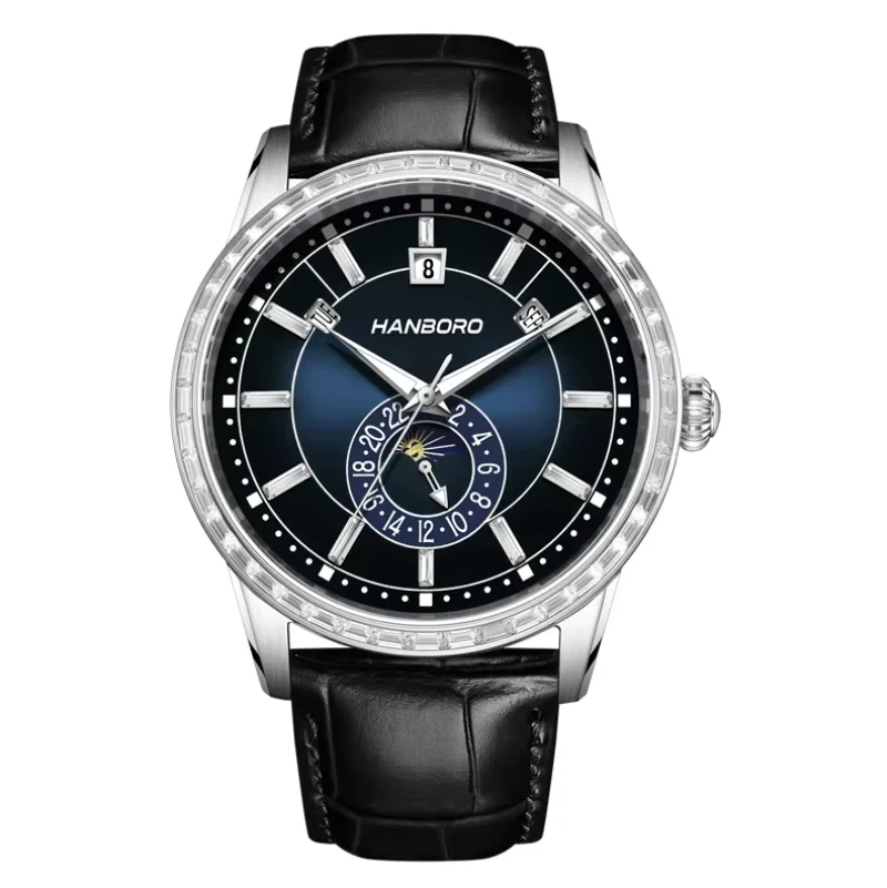 

Мужские автоматические часы HANBORO, 42 мм, механические наручные часы, водонепроницаемые, светящиеся, с несколькими циферблатами, отображением месяца, недели, даты, 24-часовым градиентным циферблатом