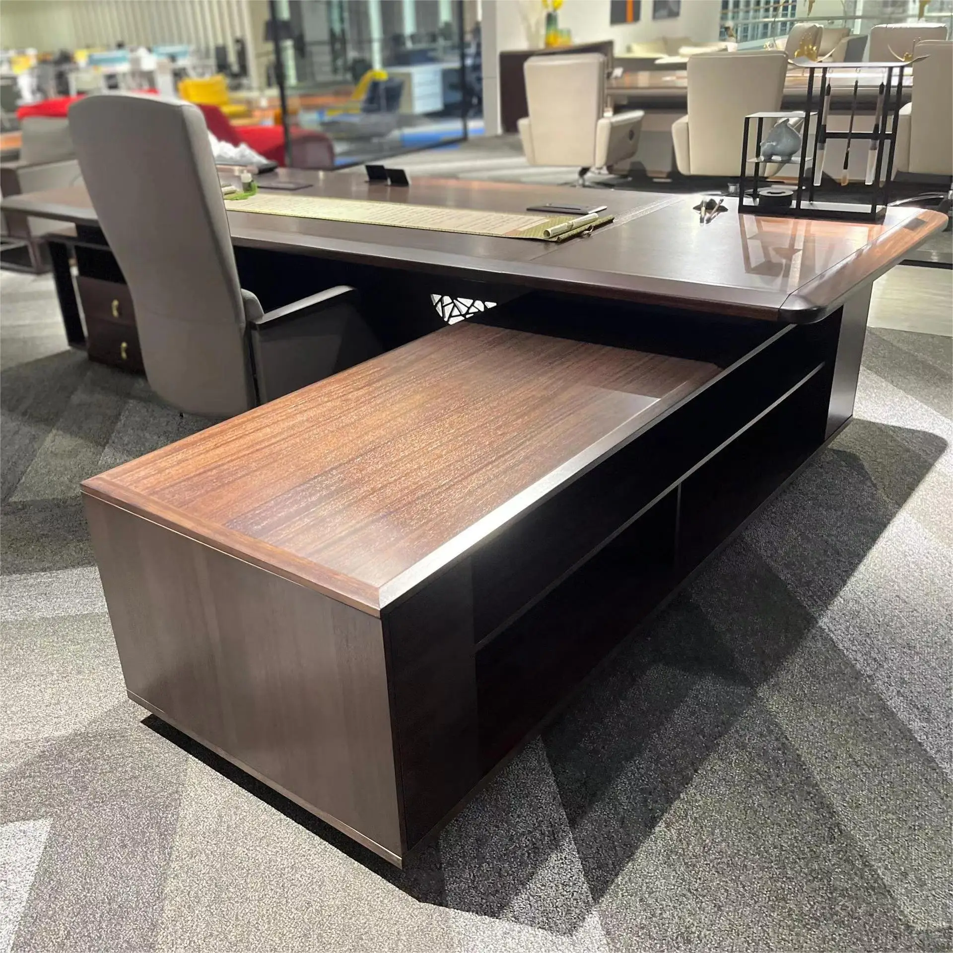 New Chinese black walnut solid wood with side cabinet office desk and chair combination high-end office furniture