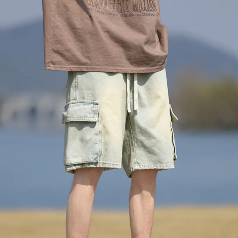 Pantaloni jeans corti da uomo Cargo larghi dritti larghi grigi larghi pantaloncini di jeans da uomo larghi popolari Y2k moda taglio bottoni retrò blu vendita