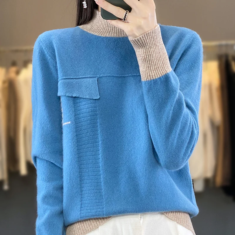 Autumn/Winter 2023 New 100% Merino Wool Women\'s Clothes Half High Collar Contrast Sweater Knit Pullover Long Sleeve False Pocket