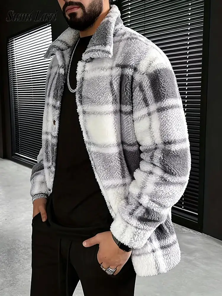 

Streetwear Vintage Mens Furry Coat 2025 Fall Winter Casual Plaid Flannel Fleece Outerwear Men Stylish Button Lapel Cozy Jackets