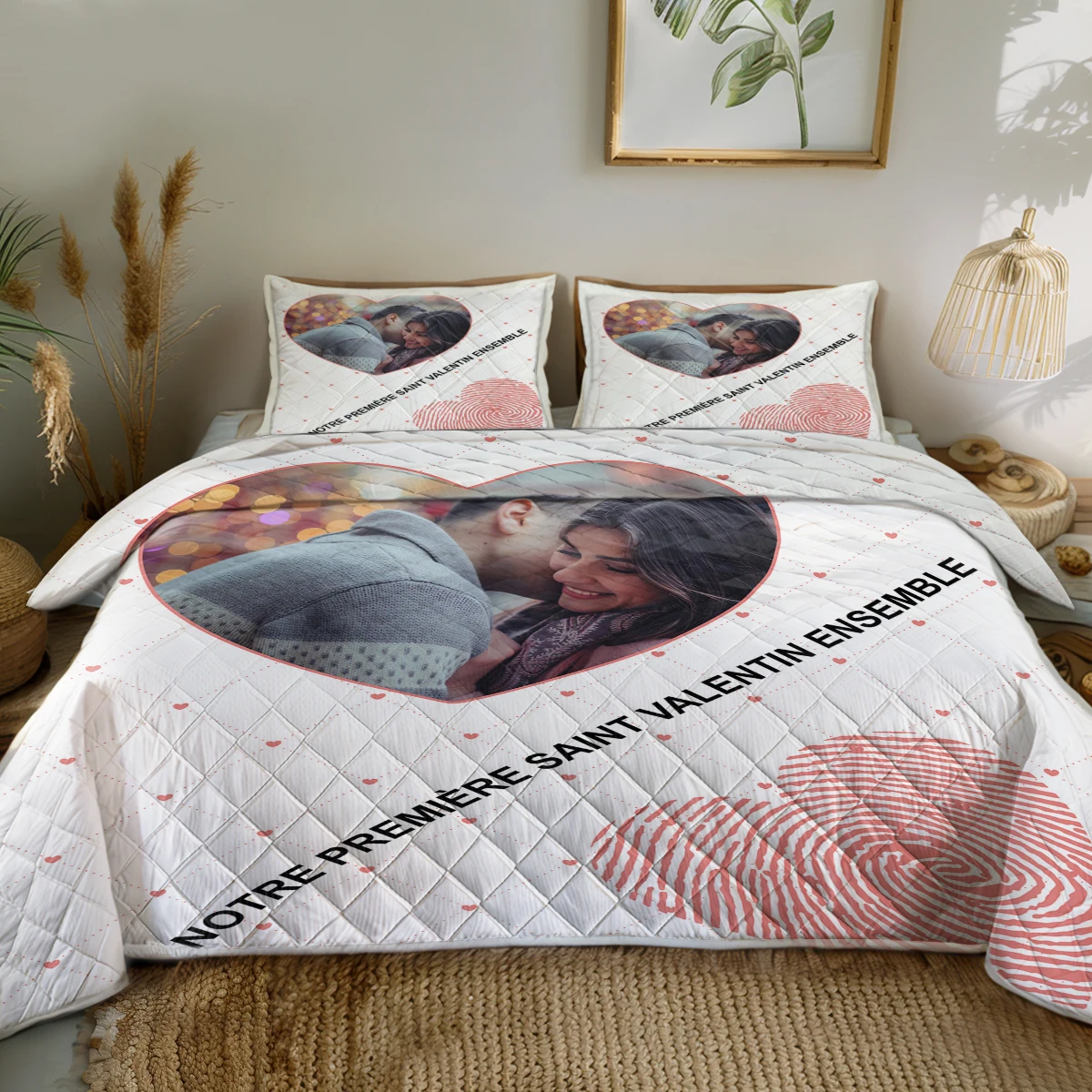 3PCS Fingerprint Heart Design Quilt Set Comforter With 2 Pilowcases for Husband and Wife Bedroom Decor Home Collections