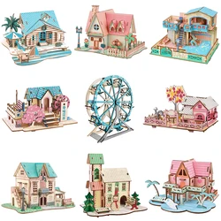 3D Wooden Puzzle Jigsaw Wood House Construction Model DIY Assembly Kits Educational Toys For Children Kids Room Decoration