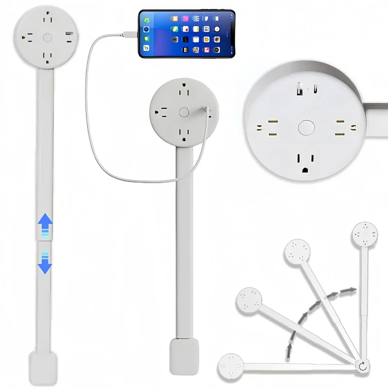 ABKO-Extensor de toma de corriente para uso doméstico y de oficina Stick-180 °   Rotación, longitud extensible (22 "- 27") con puertos USB-C y USB-A-enchufe estadounidense
