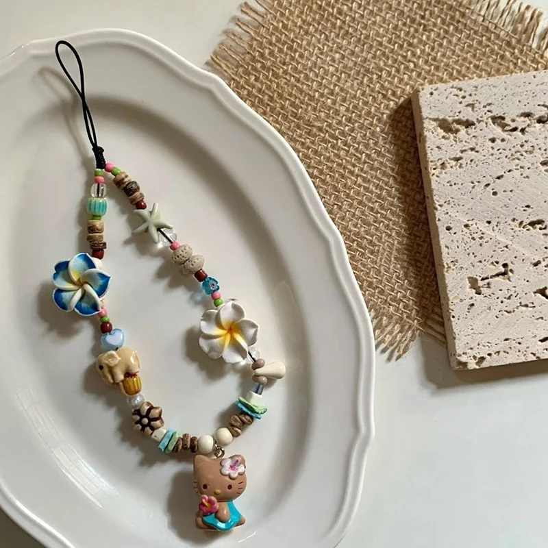 Lindo dibujo de Hawaii Sanrio Kt gato teléfono cordón Y2K dulce cuentas teléfono cadena pulsera teléfono móvil encanto cámara colgante llavero