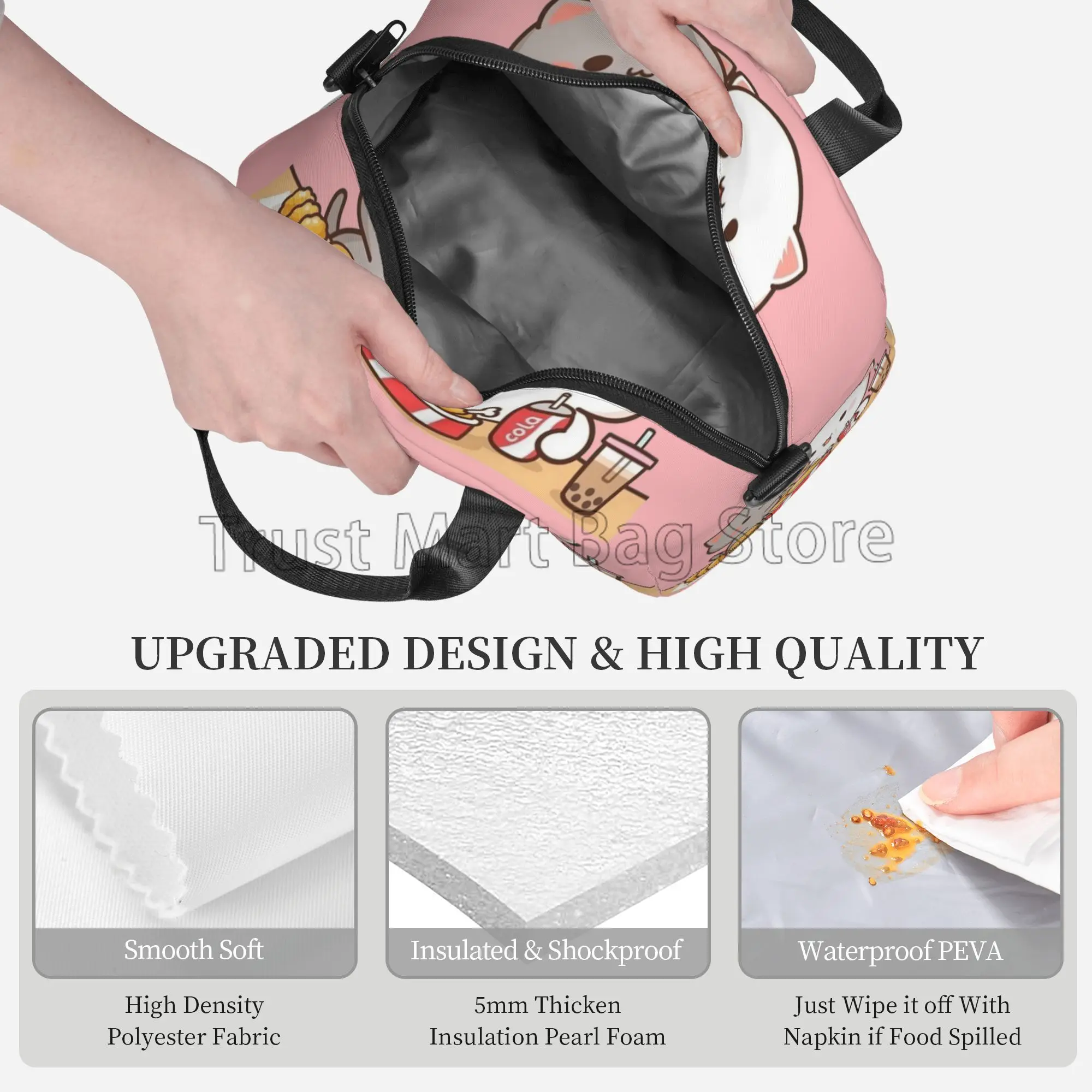 Mochi Cat Peach and Goma Insulated Lunch Bag Reusable Waterproof Bento Tote Cooler Bag Thermal Lunch Box with Adjustable Strap