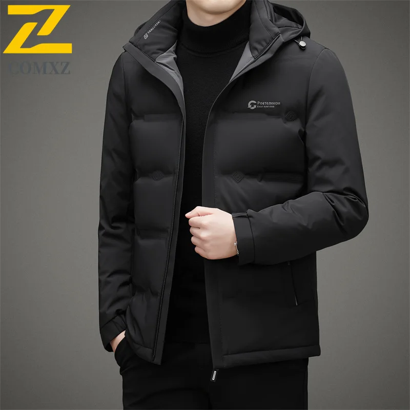 COMXZ Winter Down Jacket Men New Luxury Hooded Commute Office Lightweight Down Coat Trendy 90% Duck Down Thickened Warm Parka