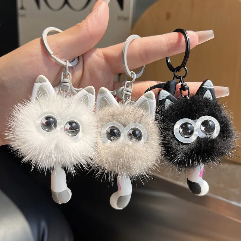 1個入り 可愛い本物のミンクファー子猫カーキーホルダーぬいぐるみボールキーリングペンダントドールバックパックチャーム女性女の子向けギフトキーホルダー