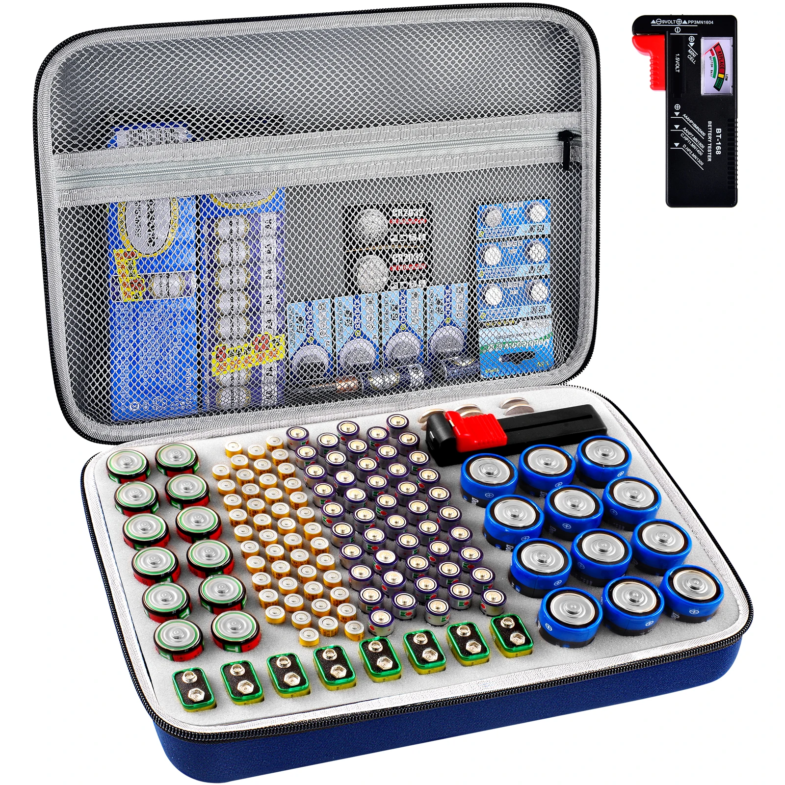 Batterij Organizer Case met Tester, geschikt voor 150+ AA AAA 9V C D Lithium knoopcelbatterijen, harde schaal voor thuis en garage.