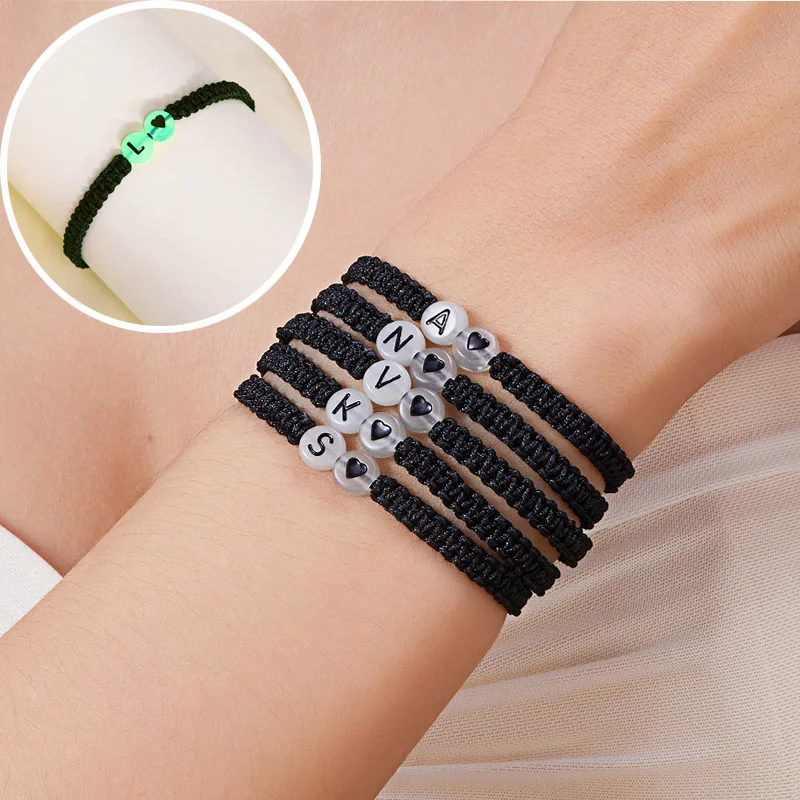 Luminous Couples A-Z Letters Bracelet For Women Black Rope Charm Friendship Girlfriend Party Grow in the dark Jewelry Gift