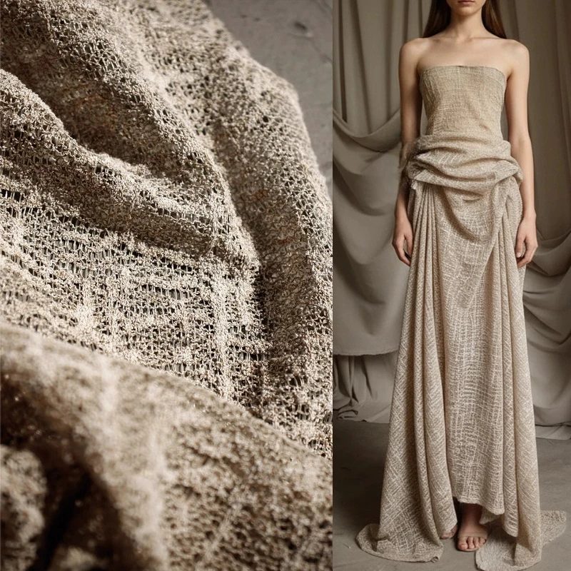 Crystal Mesh Fabric - Beige Hollow Lace Woven Knitted Yarn