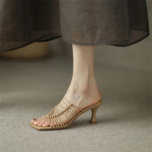 2024 Summer Women Shoes Peep Toe Med Heel Slippers Fashion Split Leather Shoes for Women Casual Mules for Women Sandals