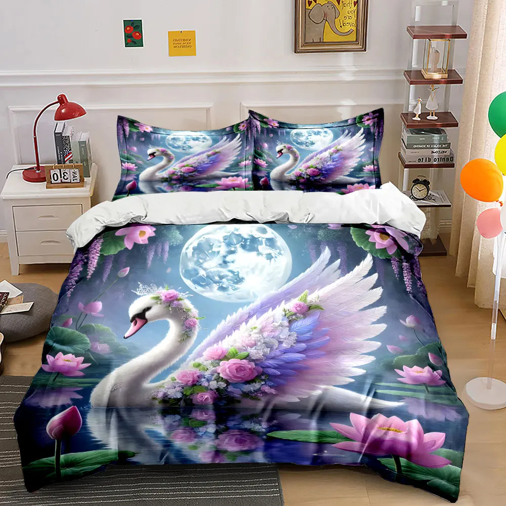 Elegant swan under dreamy moonlight Printed Duvet Cover Set1 Duvet Cover+2 PillowcaseMulti Size Bedroom Bedding Decor
