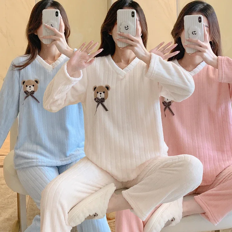 Conjuntos de pijama feminino manga comprida com gola em v, flanela grossa quente, pijamas de veludo coral coreano, roupas domésticas, inverno, 2023