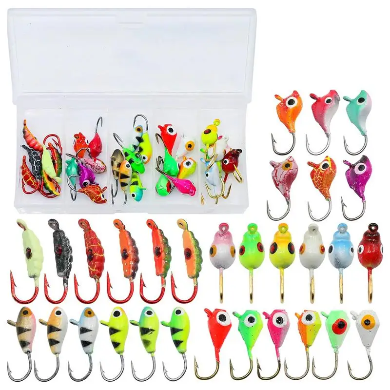 30PCS Fishing Lures Winter Ice Fishing Jigs Luminous Ice Fishing Gear Bass Crappie Jigs Head Hooks With Ice Fishing Lure Box