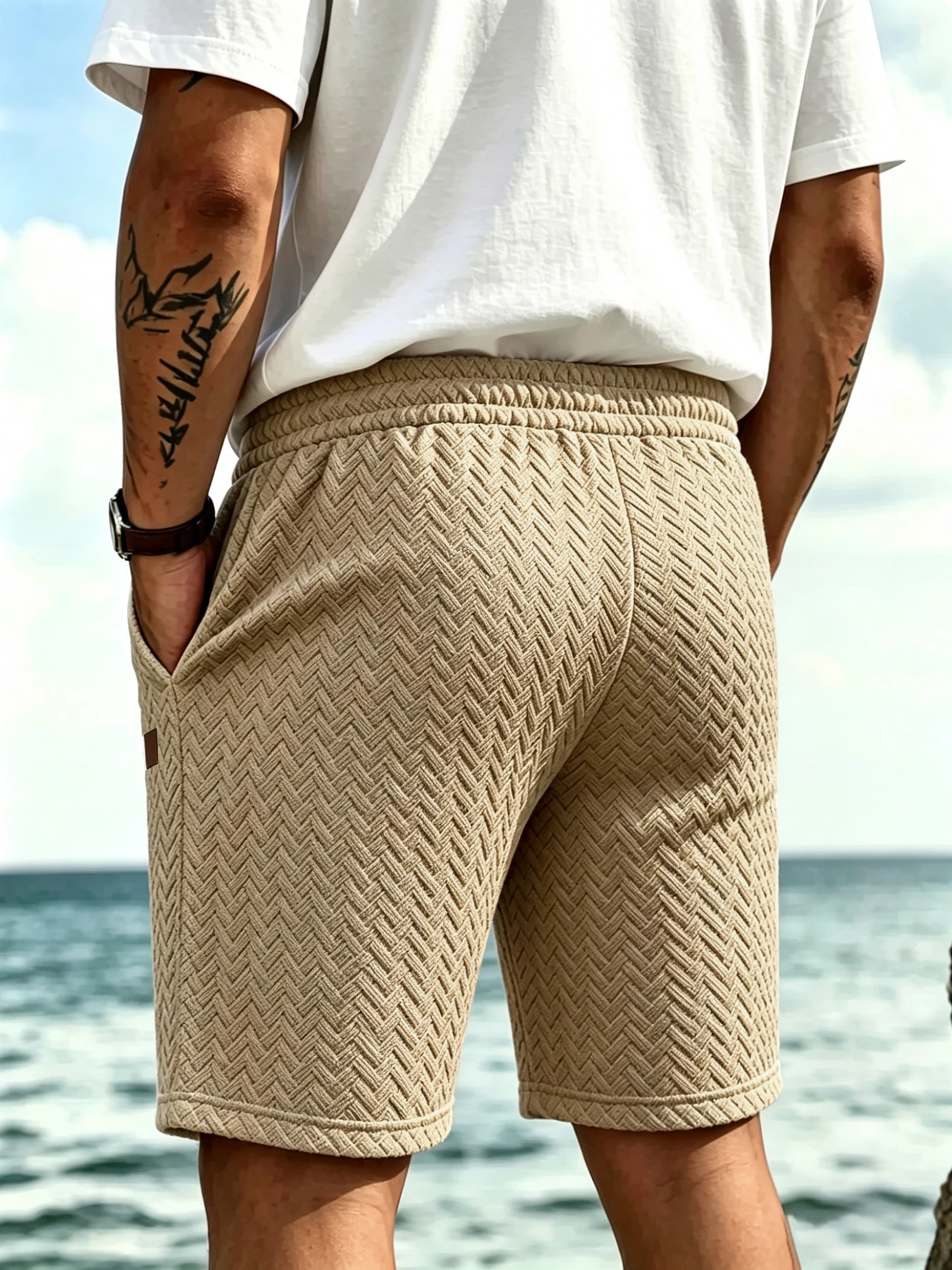 Herren Elegante Casual Shorts mit Fischgrätmuster, 3D-Jacquard-Stoff, Kordelzug, Gerade Passform für Büro und Pendeln – Detail 6