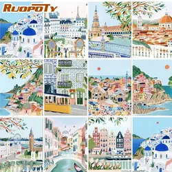 성인을 위한 숫자로 표시된 RUOPOTY 도시 풍경 그림 DIY 키트 추상 아크릴 안료 DIY 캔버스 페인팅, 숫자로 그리기 색칠