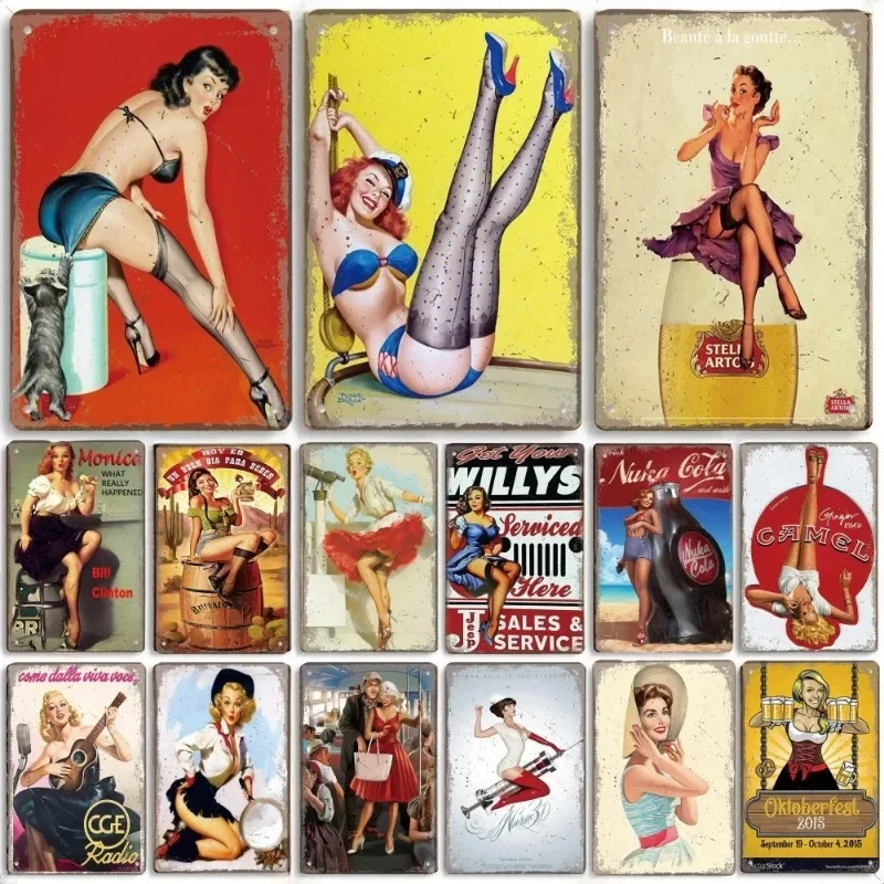 Vintage Metal Sexy Girl Pin Up Girls Plaque Tin Signs Cola Beer Airplane Metal Poster Retro for Bar Pub Club Home Wall Art De