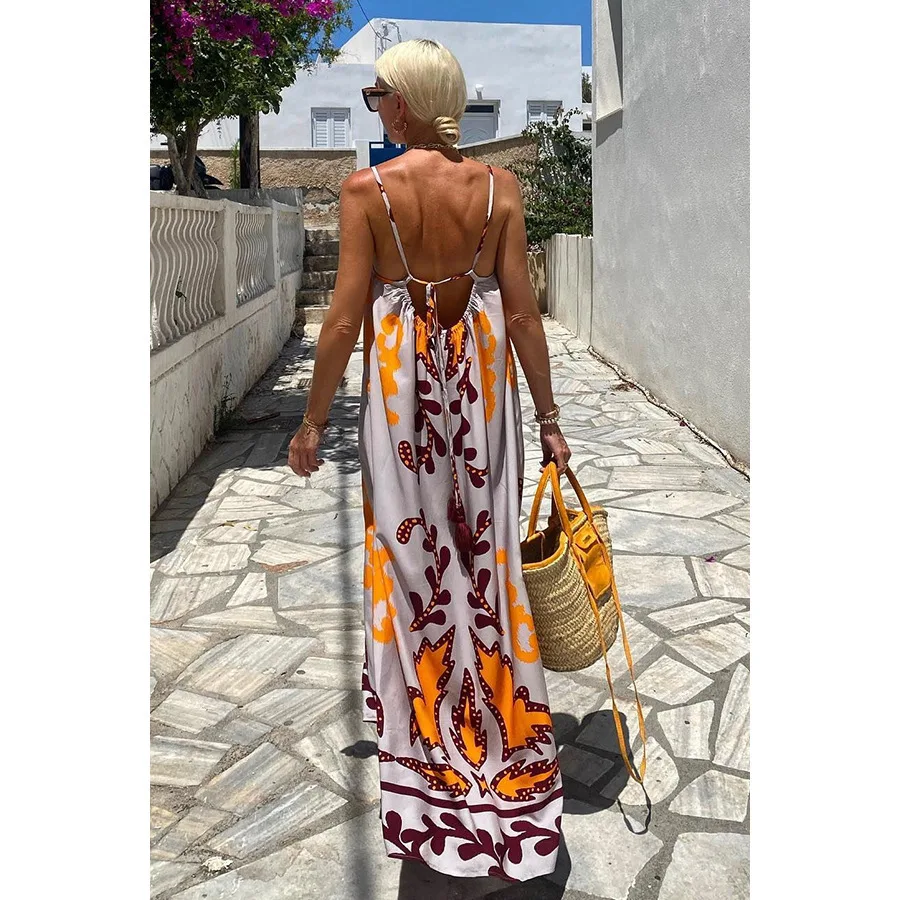 فستان عطلة فضفاض غير رسمي مطبوع بحزام مثير جديد لربيع وصيف 2023