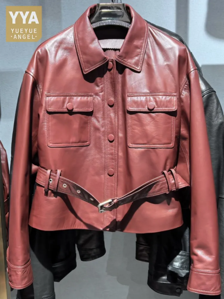 Office Female Genuine Leather Long Sleeves Solid Color Lapel Short Jacket Single Breasted Pocket Sashes Loose Sheepskin Coat